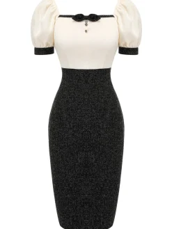 Hot Retro Stage 1960s Puff Sleeve Pencil Dress Black & Beige