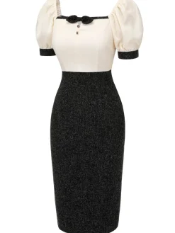 Hot Retro Stage 1960s Puff Sleeve Pencil Dress Black & Beige