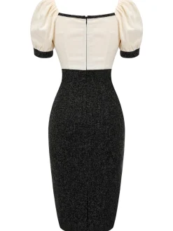 Hot Retro Stage 1960s Puff Sleeve Pencil Dress Black & Beige