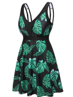 Online Retro Stage 1950s Tropical Skirted Swimsuit Black & Green