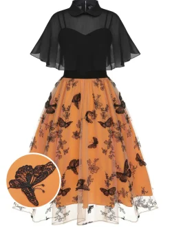 Outlet Retro Stage 1950s 3D Butterfly Cloak Dress Black & Orange