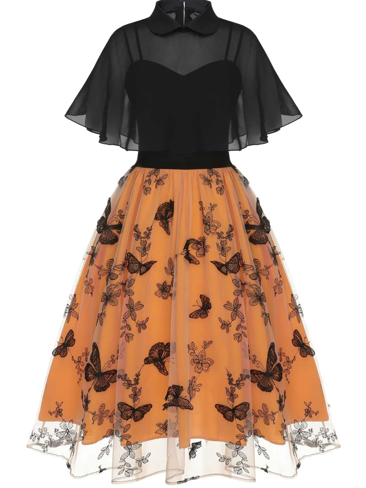 Outlet Retro Stage 1950s 3D Butterfly Cloak Dress Black & Orange