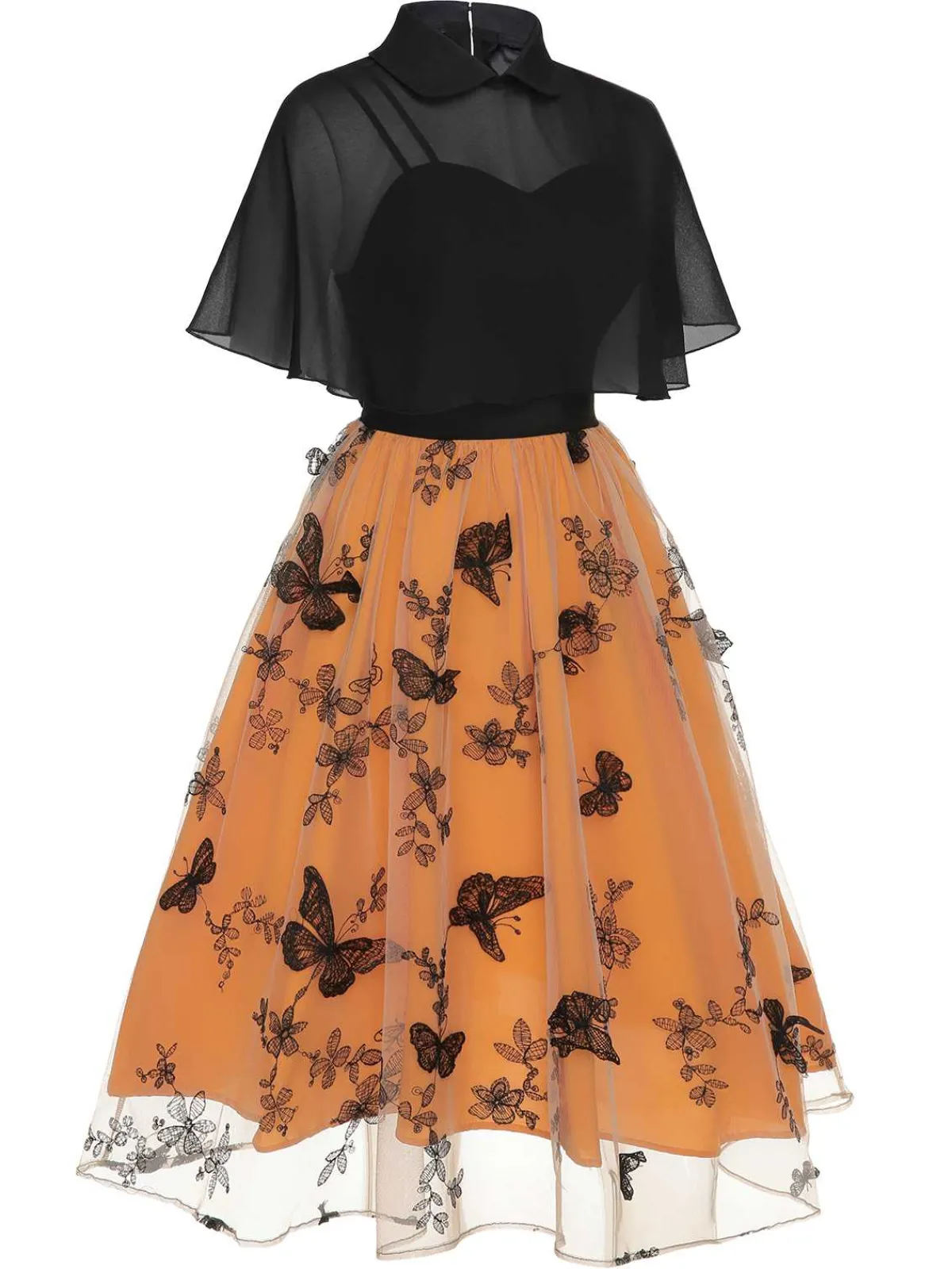 Outlet Retro Stage 1950s 3D Butterfly Cloak Dress Black & Orange