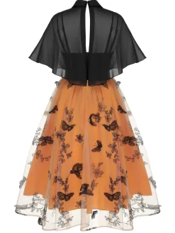 Outlet Retro Stage 1950s 3D Butterfly Cloak Dress Black & Orange