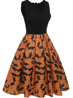 Discount Retro Stage 1950s Halloween Bat Sleeveless Dress Black & Orange