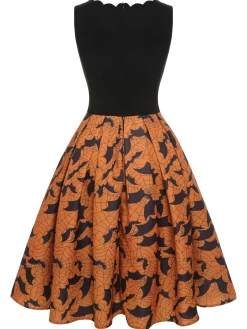 Discount Retro Stage 1950s Halloween Bat Sleeveless Dress Black & Orange