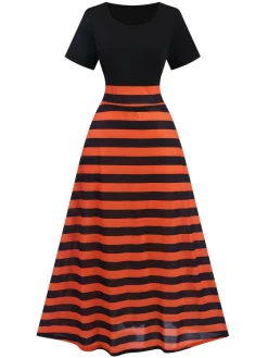 Clearance Retro Stage 1970s Stripes Colorblock Dress Black & Orange