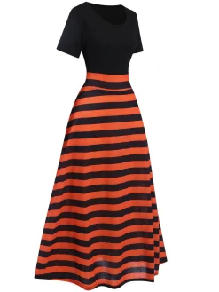 Clearance Retro Stage 1970s Stripes Colorblock Dress Black & Orange