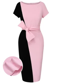 Sale Retro Stage 1960s Boat Neck Contrast Belted Dress Black & Pink