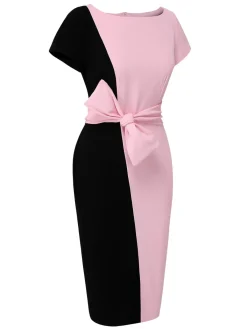 Sale Retro Stage 1960s Boat Neck Contrast Belted Dress Black & Pink
