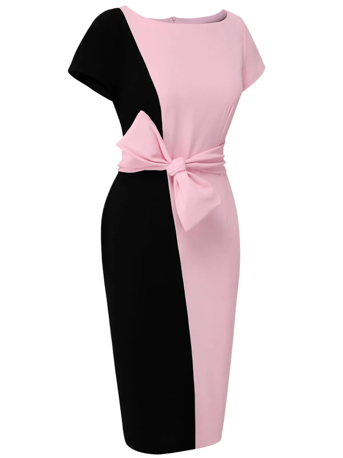 Sale Retro Stage 1960s Boat Neck Contrast Belted Dress Black & Pink
