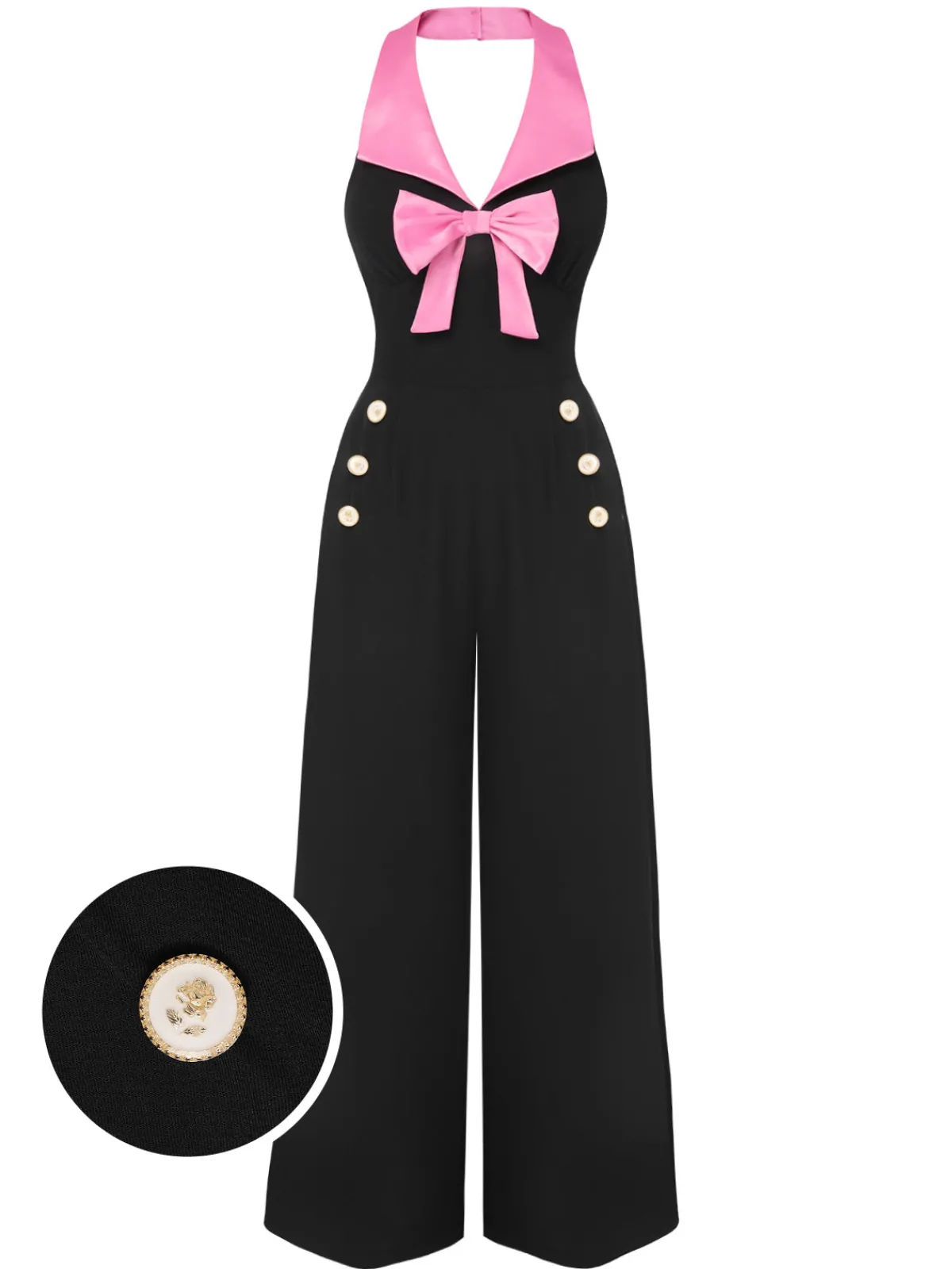 Sale Retro Stage & Pink 1930s Bow Lapel Jumpsuit Black