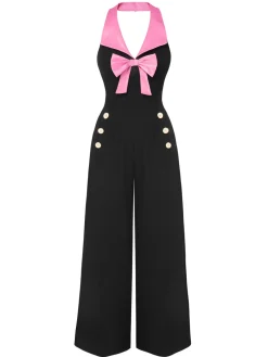 Sale Retro Stage & Pink 1930s Bow Lapel Jumpsuit Black