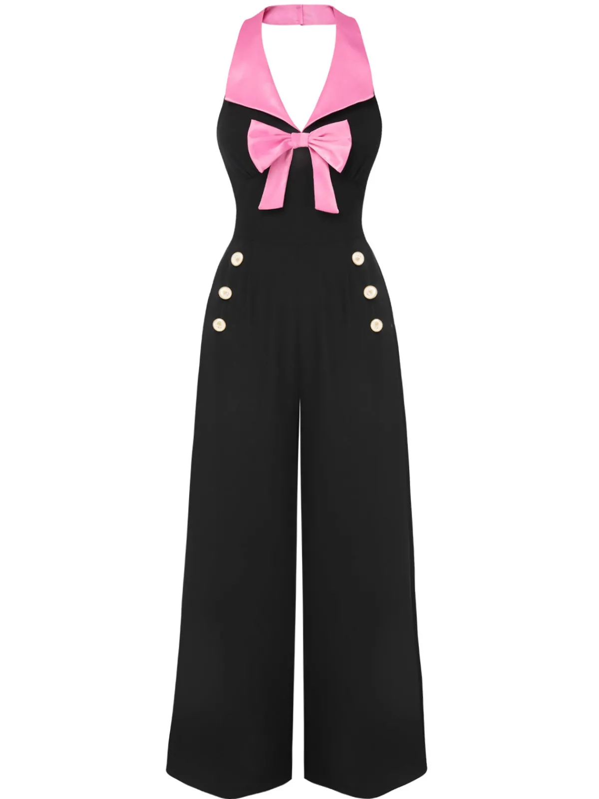 Sale Retro Stage & Pink 1930s Bow Lapel Jumpsuit Black