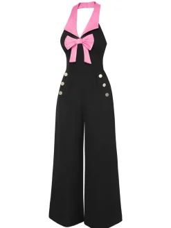 Sale Retro Stage & Pink 1930s Bow Lapel Jumpsuit Black