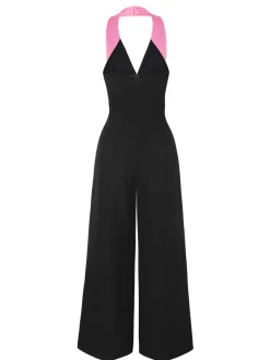 Sale Retro Stage & Pink 1930s Bow Lapel Jumpsuit Black
