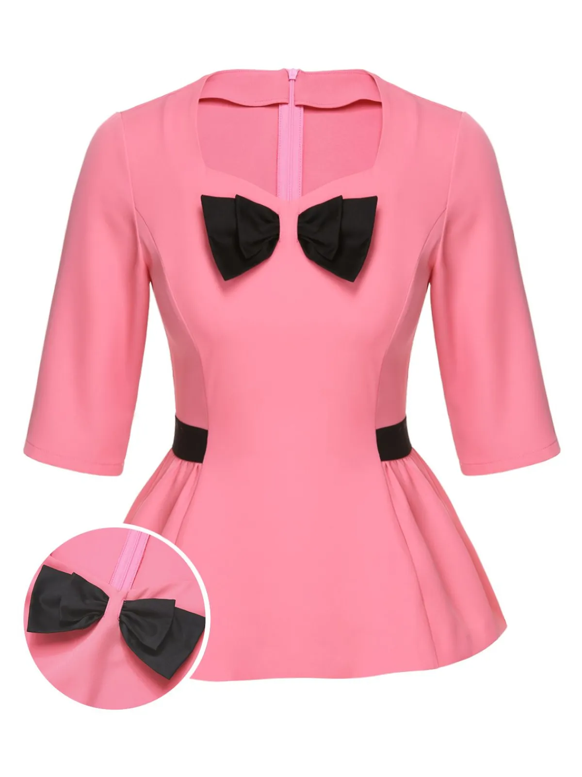 Online Retro Stage 1960s Bow Waist Patchwork Top Black & Pink