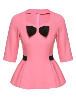 Online Retro Stage 1960s Bow Waist Patchwork Top Black & Pink