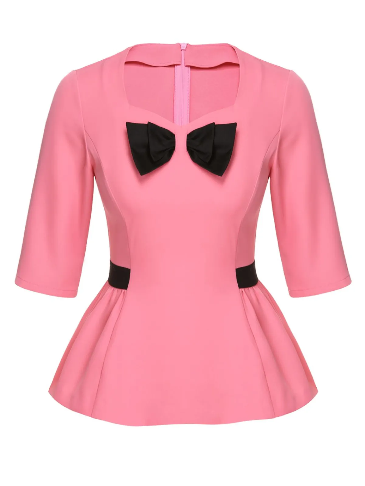 Online Retro Stage 1960s Bow Waist Patchwork Top Black & Pink