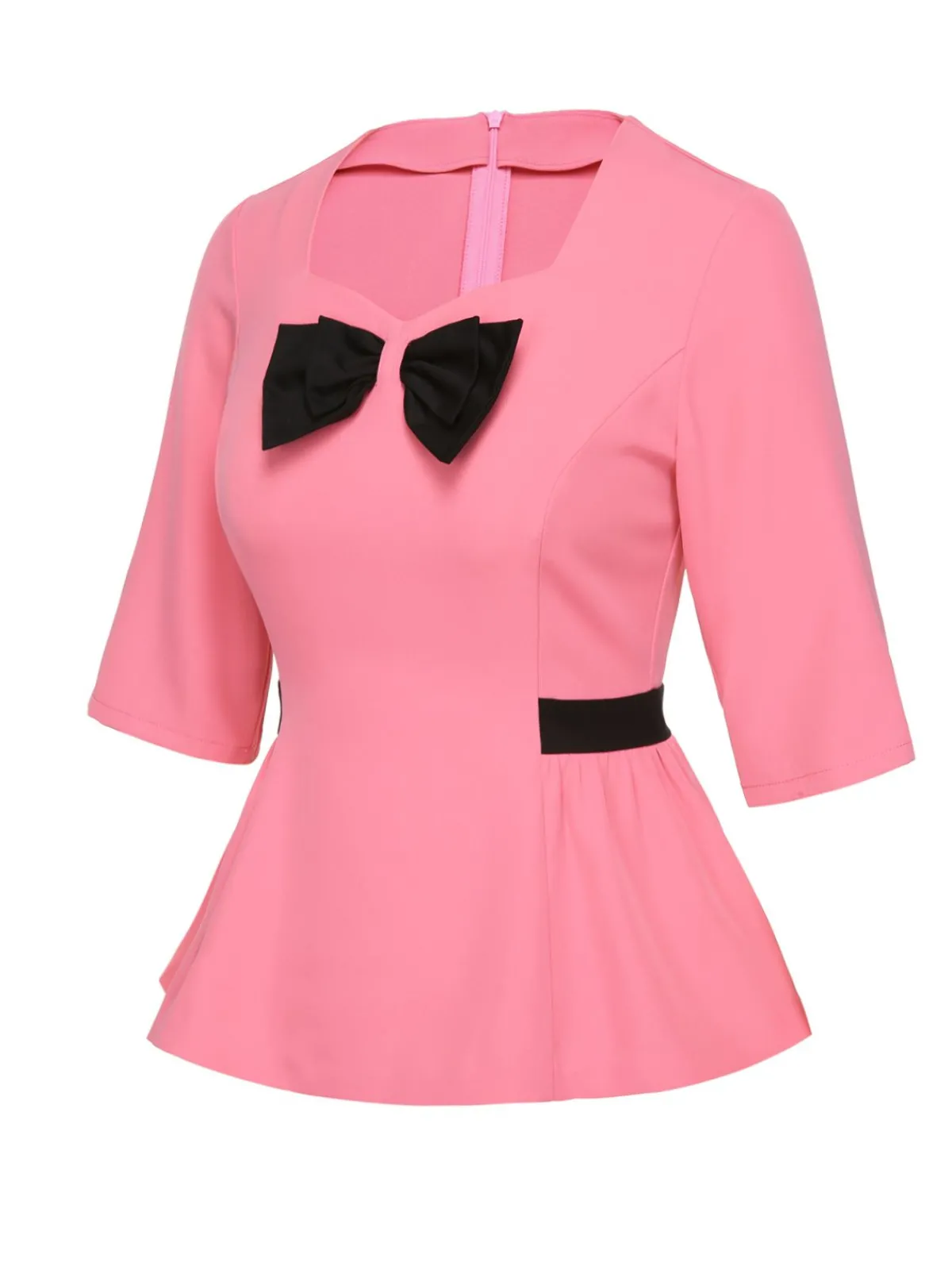 Online Retro Stage 1960s Bow Waist Patchwork Top Black & Pink