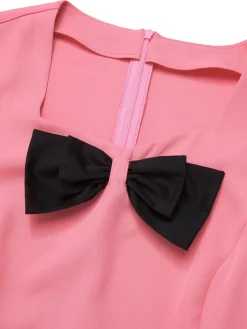 Online Retro Stage 1960s Bow Waist Patchwork Top Black & Pink
