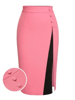 Discount Retro Stage 1960s Buttoned Patchwork Slit Skirt Black & Pink