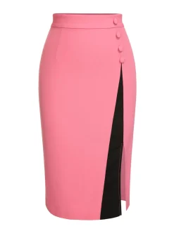 Discount Retro Stage 1960s Buttoned Patchwork Slit Skirt Black & Pink
