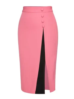 Discount Retro Stage 1960s Buttoned Patchwork Slit Skirt Black & Pink