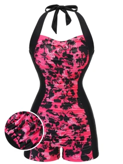Best Retro Stage 1950s Floral Halter Swimsuit Black & Pink