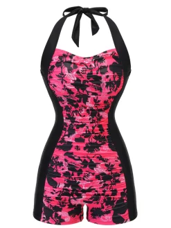 Best Retro Stage 1950s Floral Halter Swimsuit Black & Pink