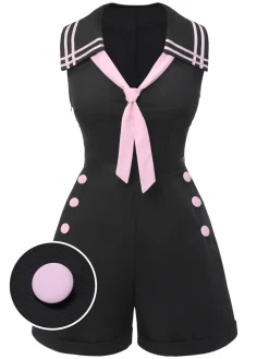 Best Retro Stage & Pink 1950s Solid Tie Lapel Romper Black