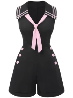 Best Retro Stage & Pink 1950s Solid Tie Lapel Romper Black