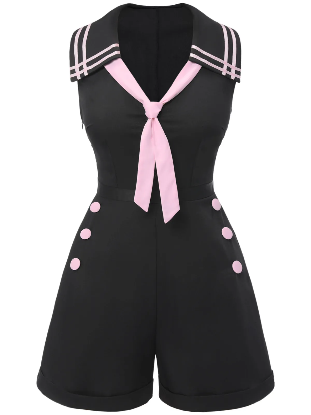 Best Retro Stage & Pink 1950s Solid Tie Lapel Romper Black