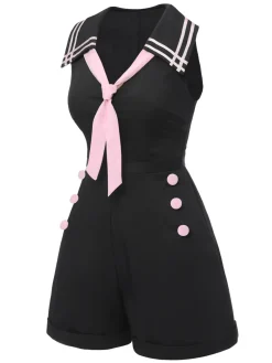 Best Retro Stage & Pink 1950s Solid Tie Lapel Romper Black