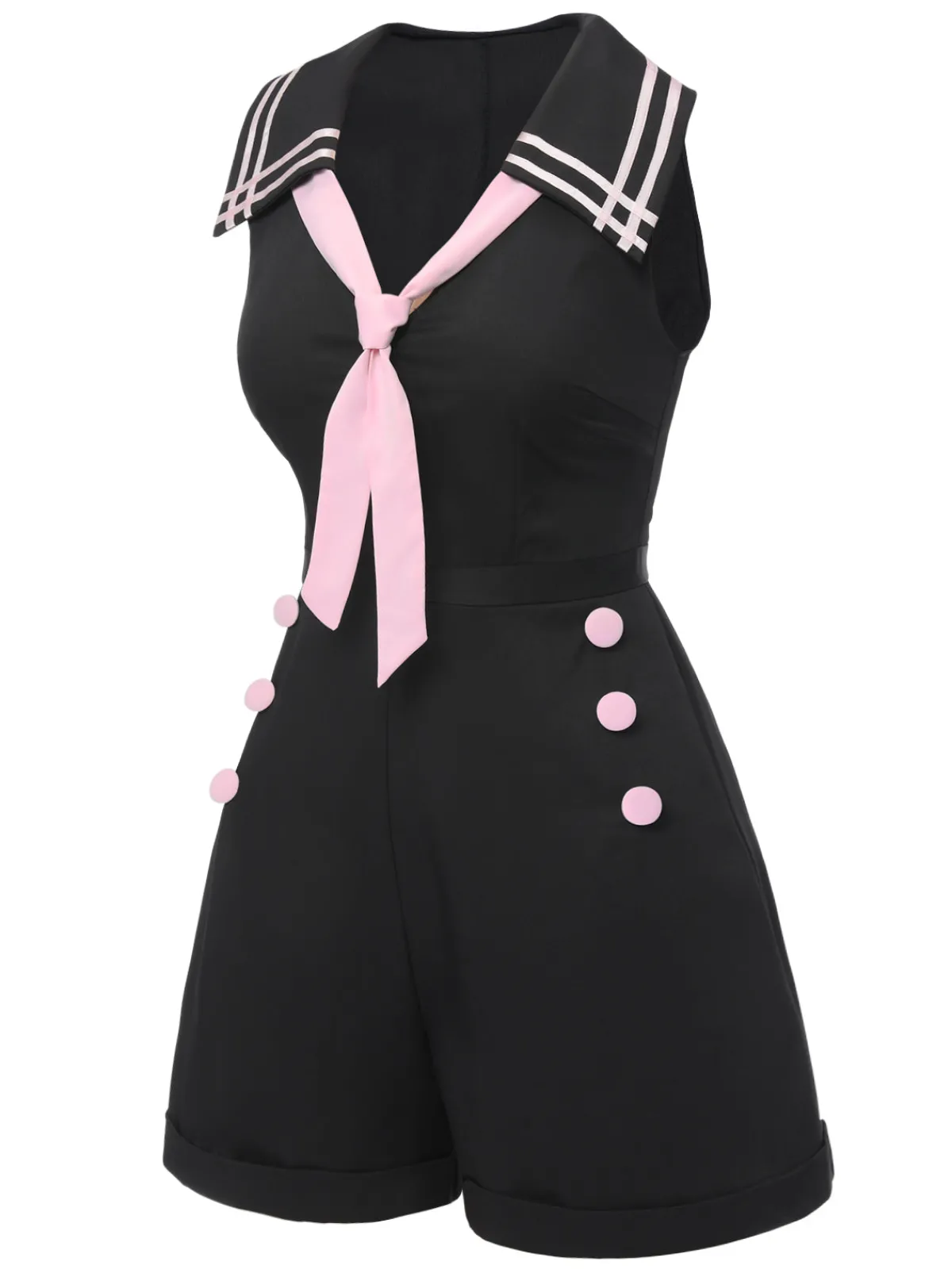 Best Retro Stage & Pink 1950s Solid Tie Lapel Romper Black