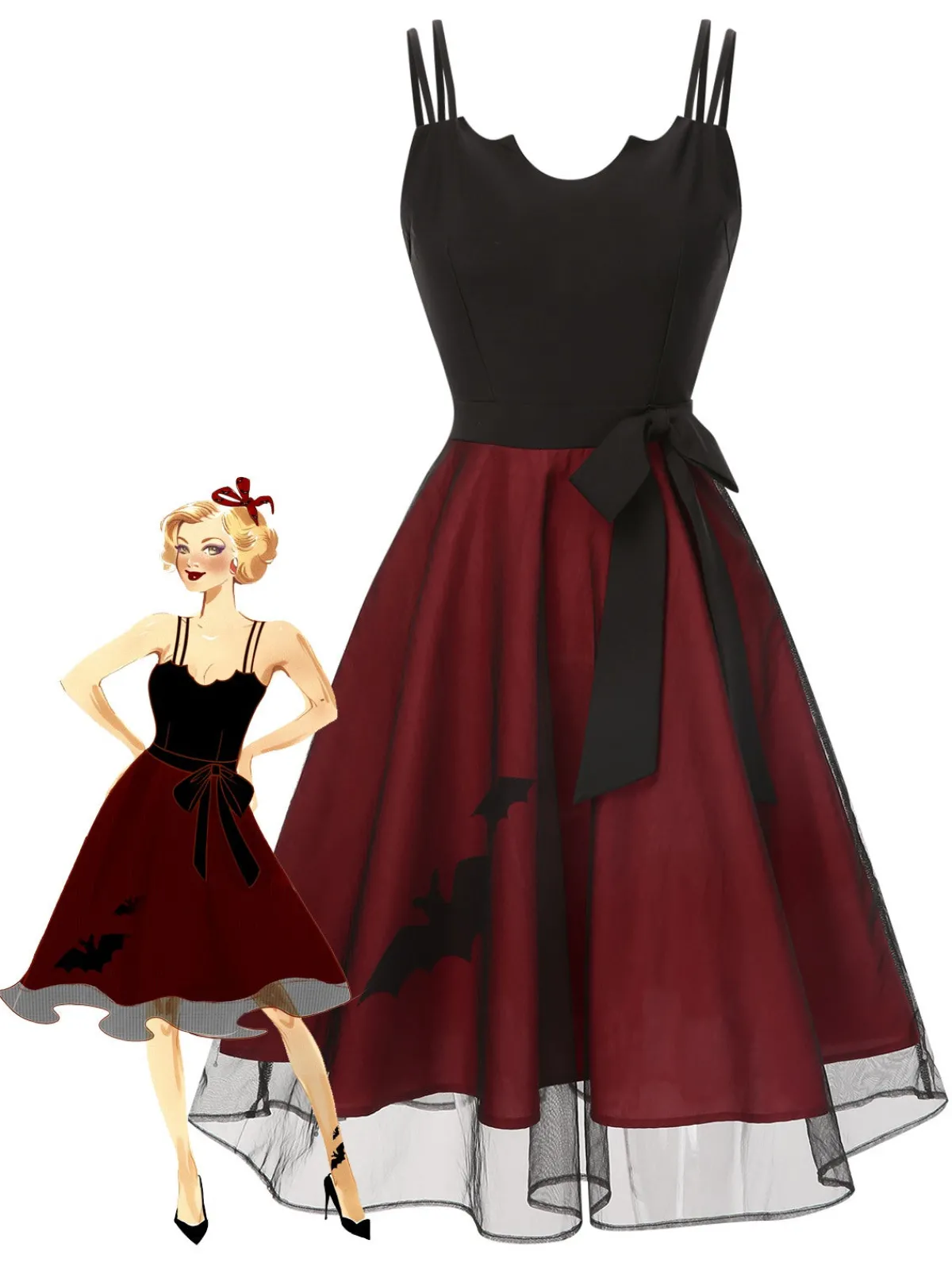 Best Retro Stage & Red 1950s Bat Mesh Dress Black