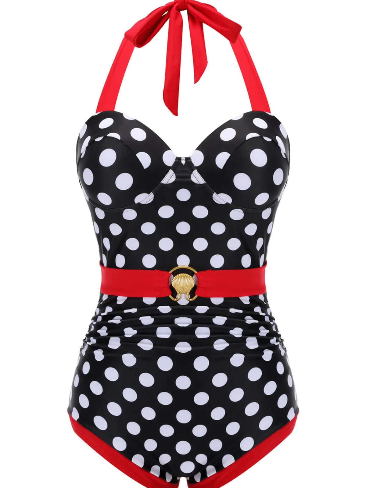 Best Retro Stage 1950s Dots Halter Swimsuit Black & Red
