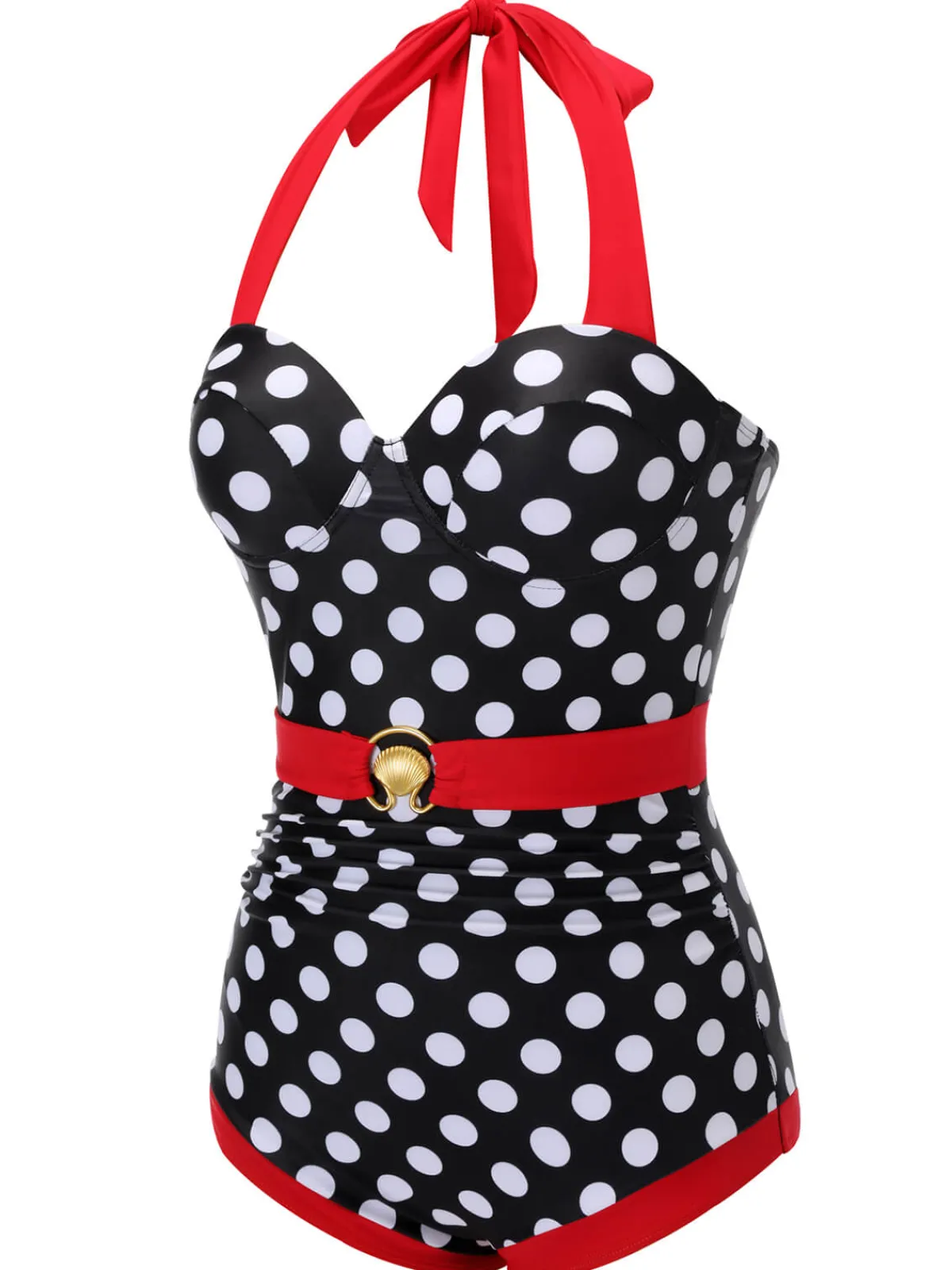 Best Retro Stage 1950s Dots Halter Swimsuit Black & Red