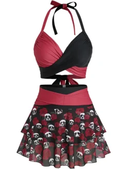 Discount Retro Stage 1980s Gothic Skull Rose Halter Skirt Swimsuit Black & Red