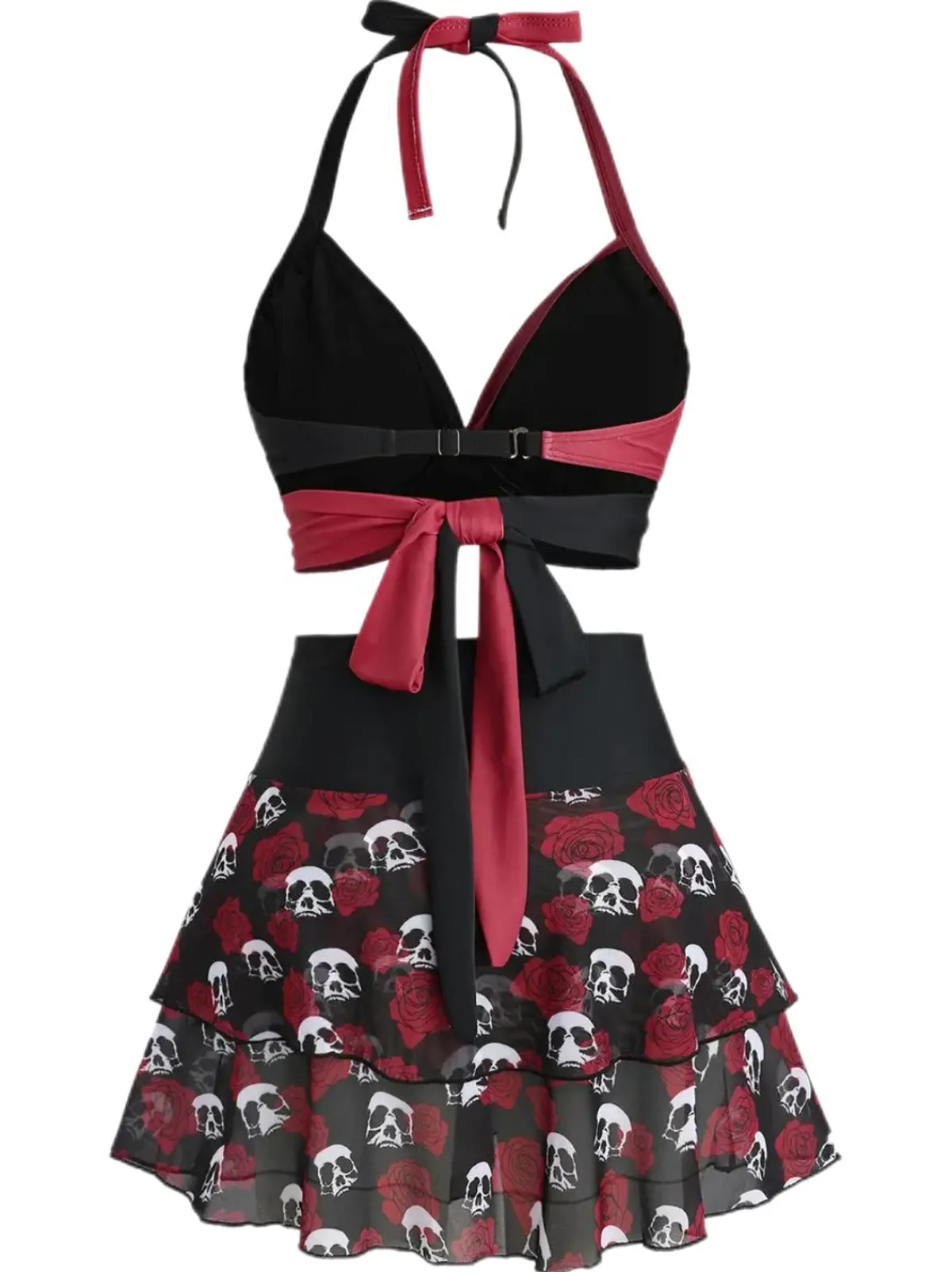 Discount Retro Stage 1980s Gothic Skull Rose Halter Skirt Swimsuit Black & Red