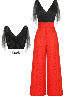 Hot Retro Stage 1930s Polka Dot Patchwork Jumpsuit Black & Red