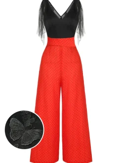 Hot Retro Stage 1930s Polka Dot Patchwork Jumpsuit Black & Red