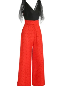 Hot Retro Stage 1930s Polka Dot Patchwork Jumpsuit Black & Red