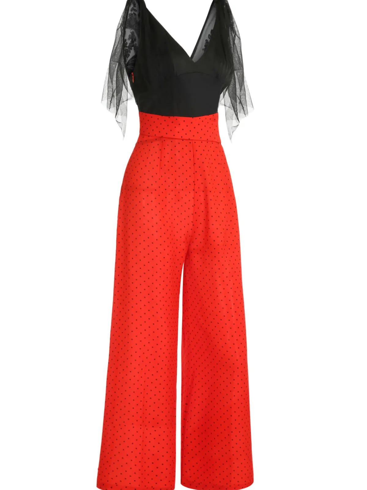 Hot Retro Stage 1930s Polka Dot Patchwork Jumpsuit Black & Red