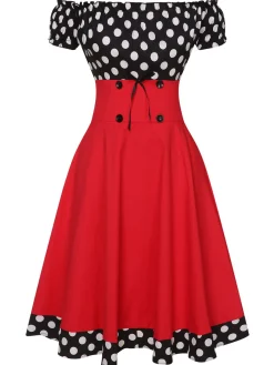 Hot Retro Stage Black & 1950s Polka Dots Off Shoulder Dress Red