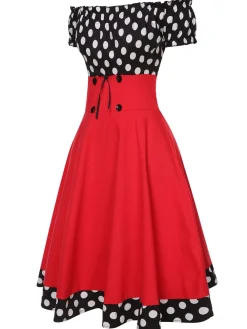Hot Retro Stage Black & 1950s Polka Dots Off Shoulder Dress Red