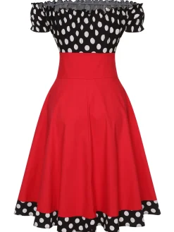 Hot Retro Stage Black & 1950s Polka Dots Off Shoulder Dress Red