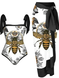 Hot Retro Stage 1950s Bee Swimsuit & Cover-up Black & White