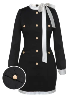 Best Retro Stage 1960s Bow Patchwork Pencil Dress Black & White
