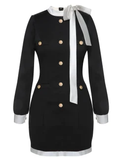 Best Retro Stage 1960s Bow Patchwork Pencil Dress Black & White